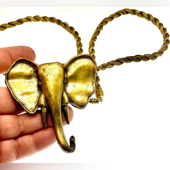Vintage Large Brass Elephant Pendant on Black and Gold Cord Necklace Boho - Picture 7 of 8